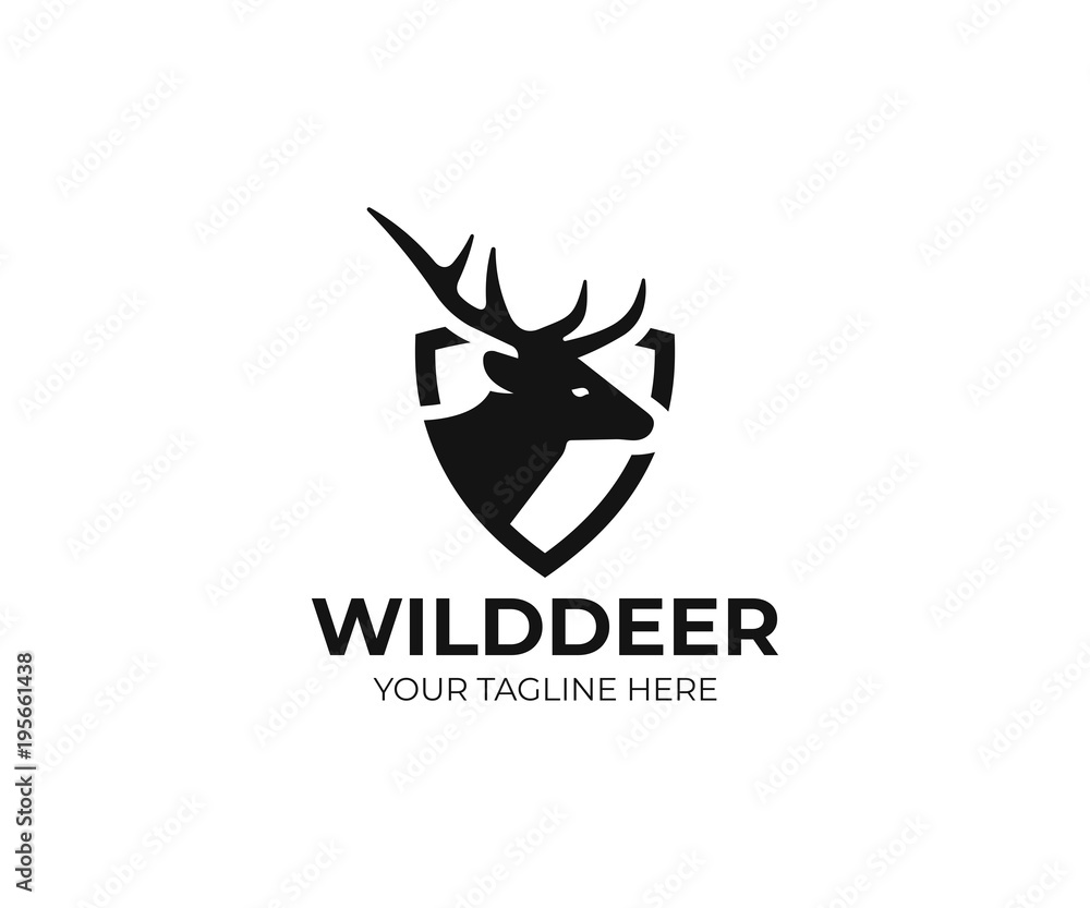 Obraz premium Szablon logo jelenia i tarczy. Projekt wektor jelenia. Logotyp łosia