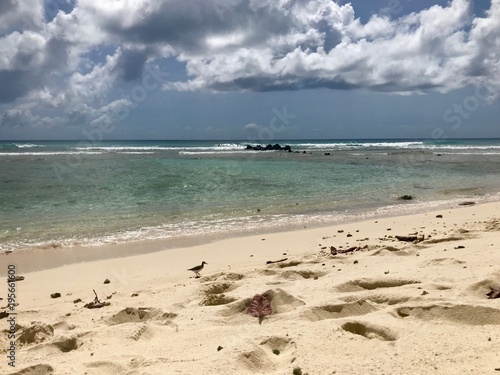 Idyllic and beautiful beach in Barbados (Caribbean island): Nobody, white sand, turquoise water, waves and white clouds photo