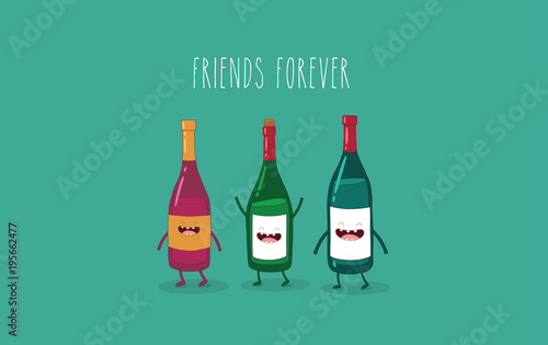 This is a vector illustration. The funny bottle of wine are friends forever. You can use for cards, fridge magnets, stickers, posters.
