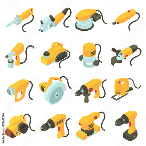 Electric tools icons set, isometric cartoon style