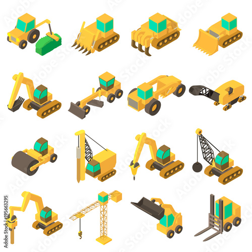 Building vehicles icons set, isometric style