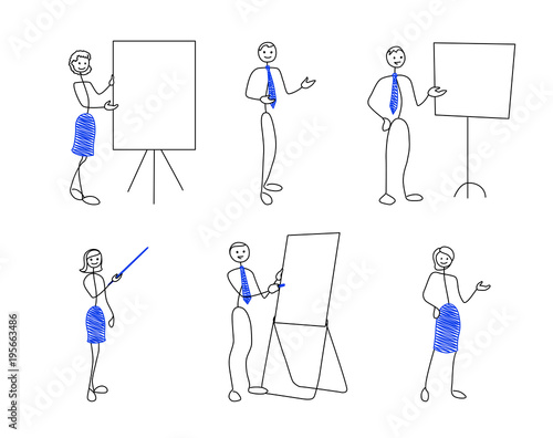 Collection of stick figures in presentation poses. Doodle style men and women are showing to something. Vector illustration set