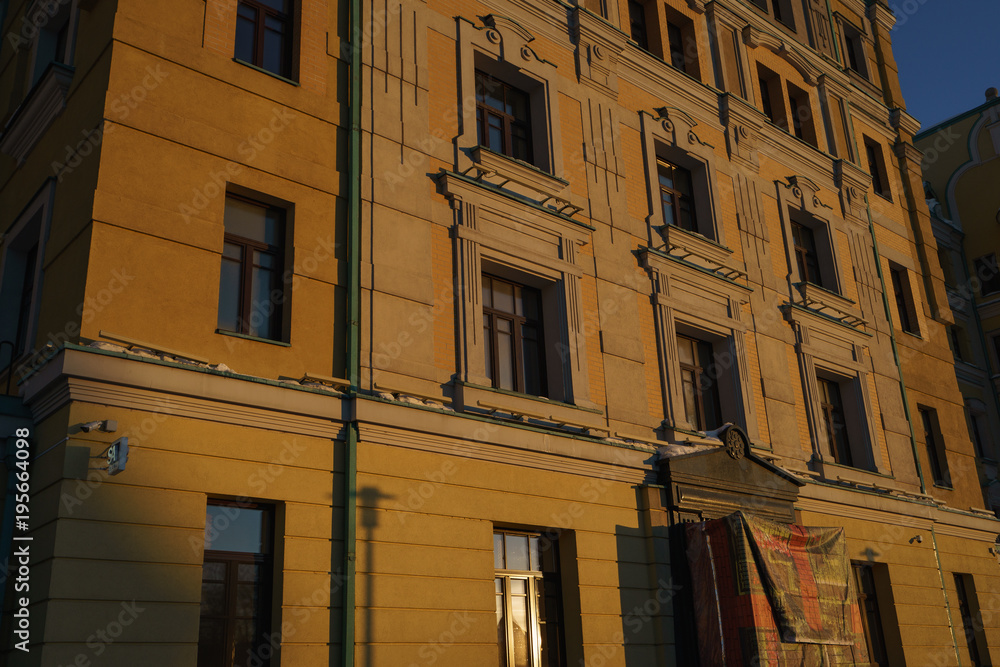 Traditional Moscow house in spring sun light