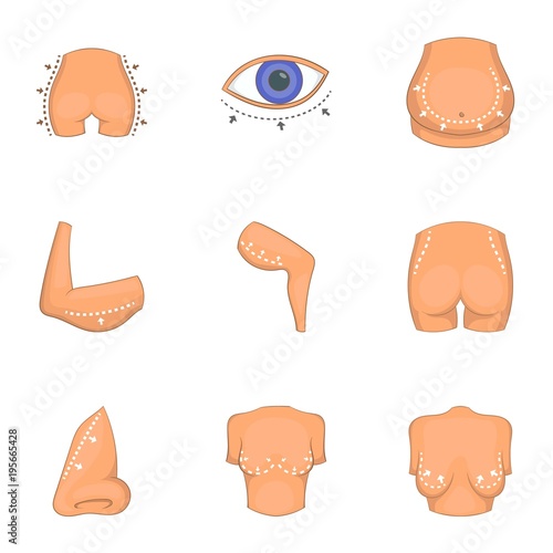 Ideal body shape icons set, cartoon style
