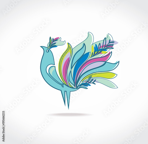 Paradise motley bird with magnificent feathers resembling fire. Beautiful bird - design template.