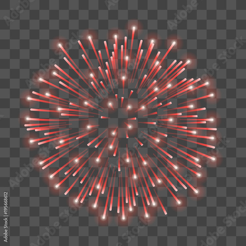 Beautiful red firework. Bright salute isolated transparent background. Light decoration firework for Christmas, New Year celebration, holiday, festival, birthday card. Vector illustration