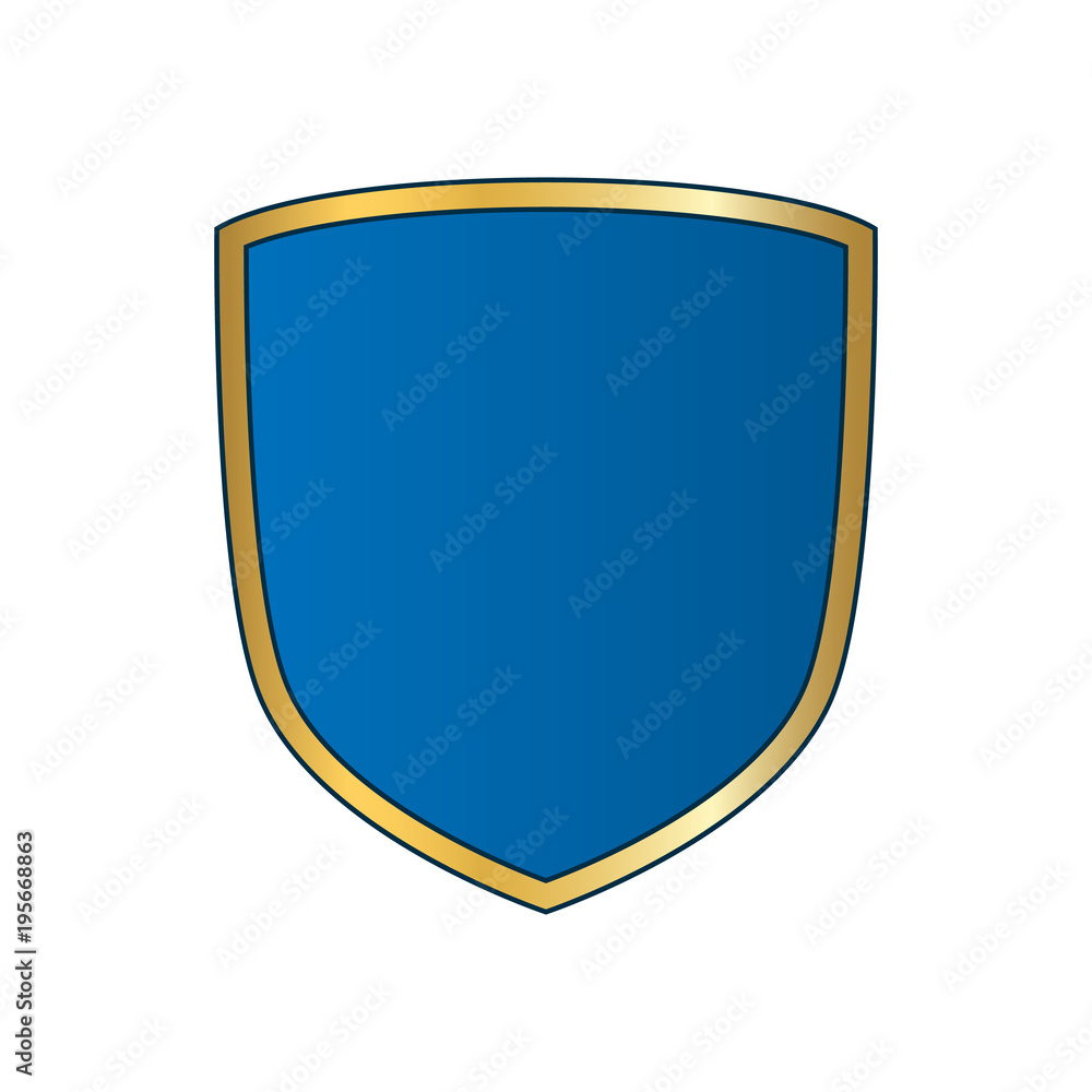 Goldblue shield shape icon. Bright logo emblem metallic sign isolated on white background