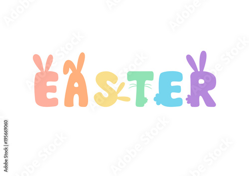 happy easter bunny text, cute rabbit calligraphy, vector illustration