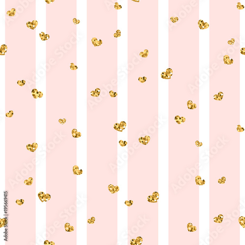 Gold heart seamless pattern. Pink-white geometric stripes, golden confetti-hearts. Symbol of love, Valentine day holiday. Design wallpaper, background, fabric texture. Vector illustration © alona_s