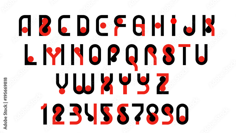 Obraz Latin modern bold font alphabet, upper case letters and numbers. Vector, two colors - red and black. Can also be a logotype logo.