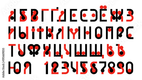 Cyrillic modern bold font alphabet, upper case letters and numbers. Vector, two colors - red and black, Russian and Ukrainian letters. Can also be a logotype logo.