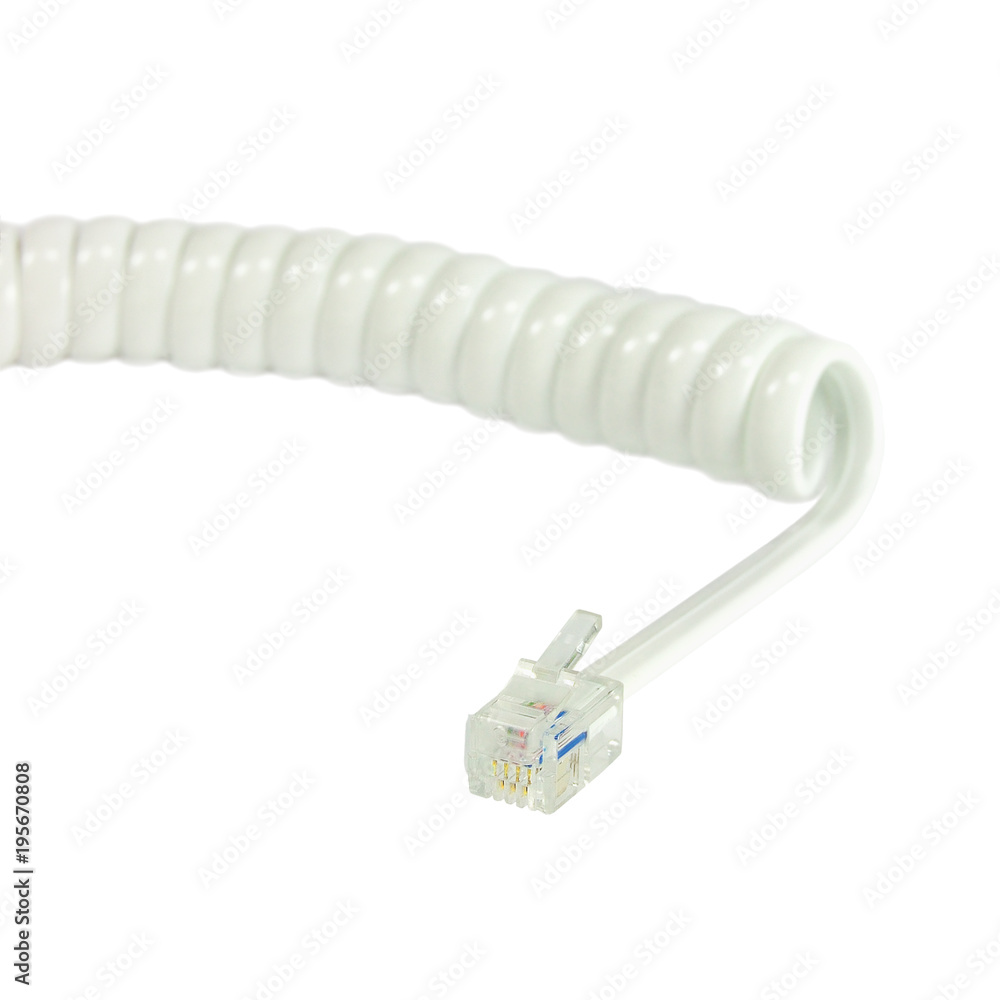 White disconnected telephone handset extension cord curly coil line spiral wire  cable isolated 4P4C RJ22 connector jack landline phone disconnection  concept large detailed macro closeup copy space Stock Photo | Adobe Stock