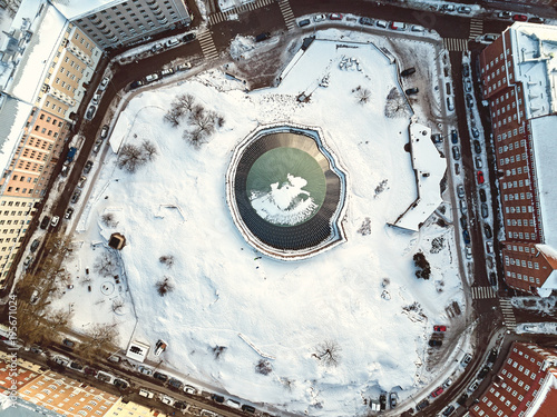 Helsinki, Finland - February 21, 2017: Temppeliaukion kirkko Aerial View photo