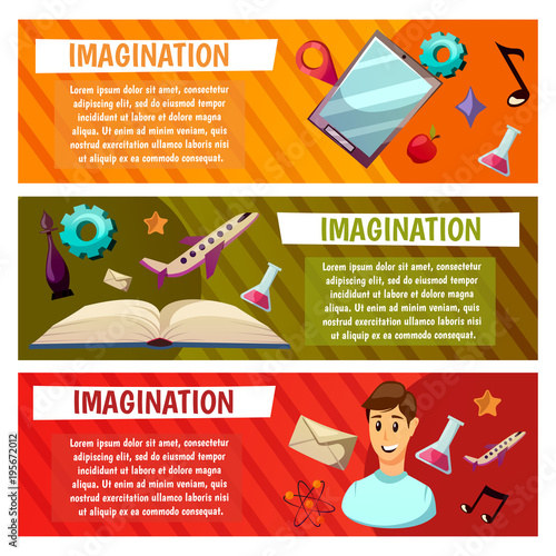 Vector banners. Imagination and exploration. Science and research. Rocket launch. Discovery new world, start new business