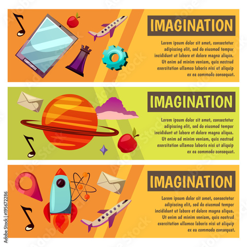 Vector banners. Imagination and exploration. Science and research. Rocket launch. Discovery new world, start new business