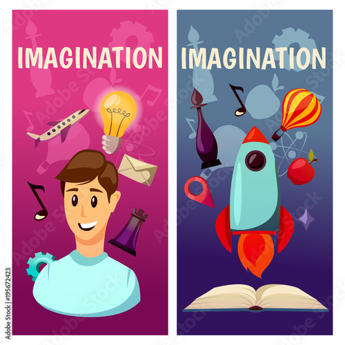 Vector banners. Imagination and exploration. Science and research. Rocket launch. Discovery new world, start new business