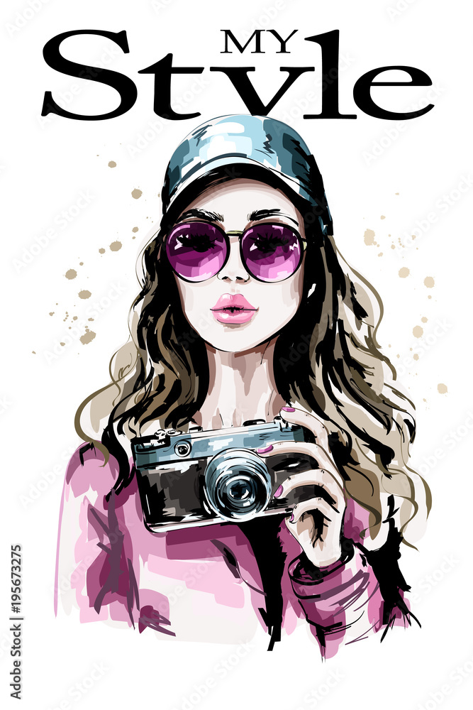 Hand drawn beautiful young woman portrait. Fashion woman in stylish cap.  Cute girl with photo camera. Sketch. Stock Vector | Adobe Stock