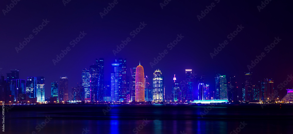 Night Al Dafna - seaside district of the Qatari capital Doha located on the Persian Gulf.