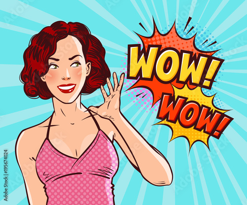 Beautiful girl or young woman in delight. Pop art retro comic style. Cartoon vector illustration