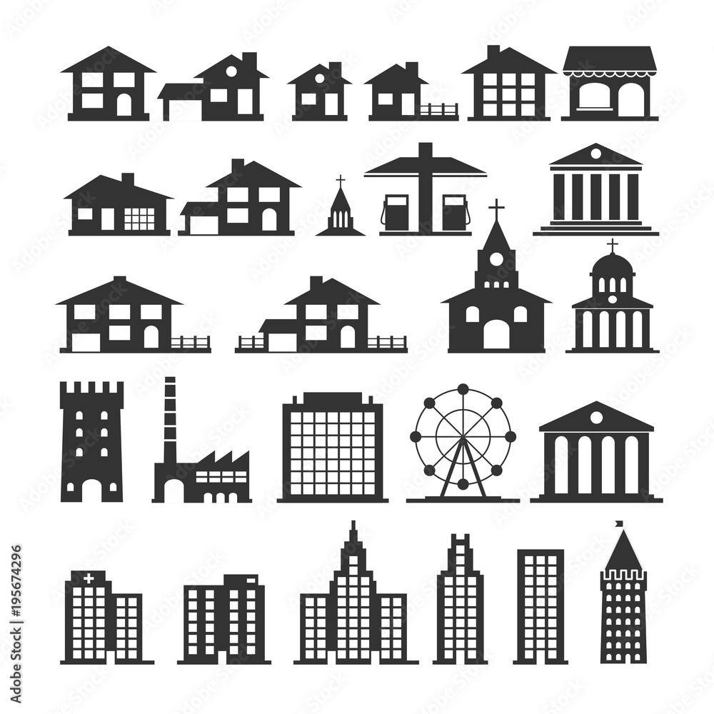 Building vector set isolated from background. Urban and government silhouettes of buildings. Simple black sign houses.