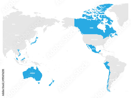 Map of Comprehensive and Progressive Agreement for Trans-Pacific Partnership, CPTPP or TPP11. Blue highlighted member states. Vector illustration. © pyty