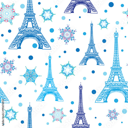 Fototapeta Naklejka Na Ścianę i Meble -  Vector Blue White Eifel Tower Paris and Snowflakes Seamless Repeat Pattern. Perfect for holiday travel themed postcards, greeting cards, Christmass greeting cards.
