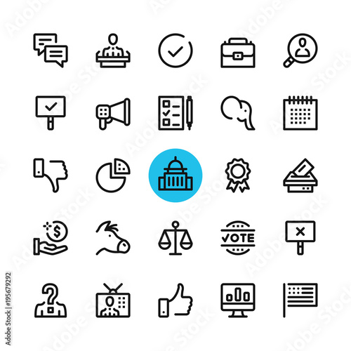 Politics, elections line icons set. Modern graphic design concepts, simple outline elements collection. 32x32 px. Pixel perfect. Vector line icons