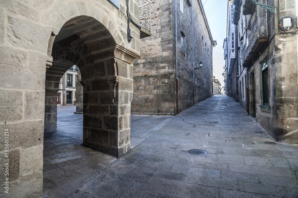 Ancient street in historic center of  Santiago de Compostela, Galicia, Spain.