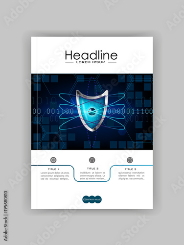 A4 Business Technology Book Cover Design Template. Atom blue shield. Good for Portfolio,  Annual Report, Magazine, Journal, Website. Vector