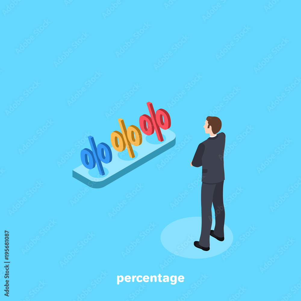 a man in a business suit stands in front of a shelf on which are percentages of different colors, an isometric image a man in a business suit stands in front of a shelf on which are percentages of different colors, an isometric image