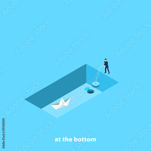 a man in a business suit holds a cork from an empty pool in which there is a paper boat, an isometric image