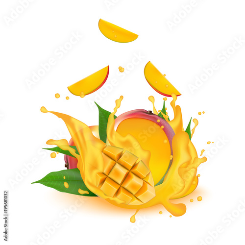 Juice milk yogurt mango cubes splashing. Juicy mango splash packaging template. Falling slices.