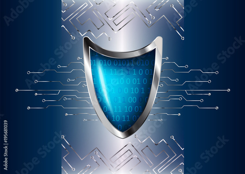 Cyber security antivirus concept with silver blue shield, futuristic lines and numbers. Protected web privacy technology design.  Vector.