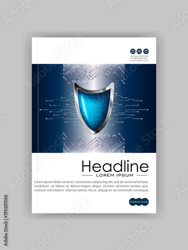 A4 Business Technology Book Cover Design Template. Silver blue shield. Good for Portfolio,  Annual Report, Magazine. Vector