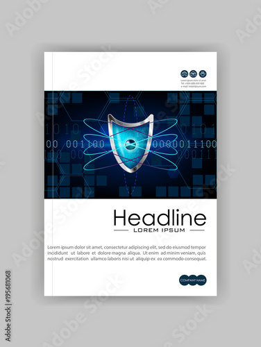 A4 Business Technology Book Cover Design Template. Atom blue shield. Good for Portfolio,  Annual Report, Magazine, Journal, Website. Vector