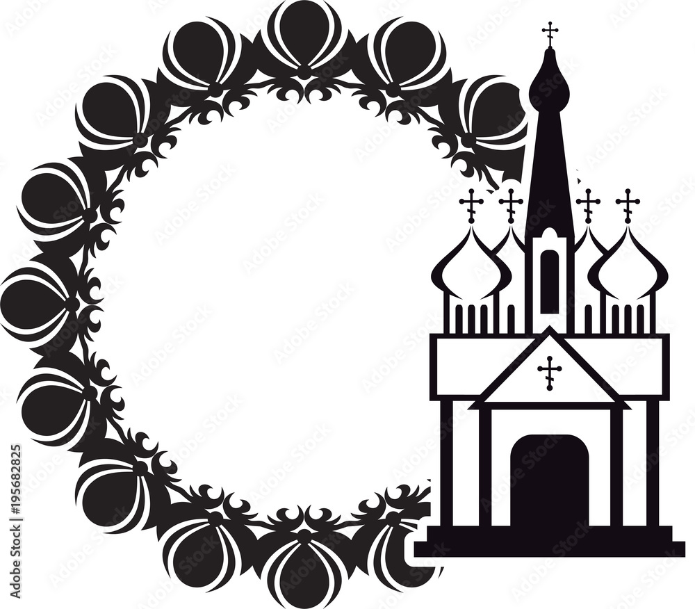 Black and white floral frame with abstract christian temple. Black and white floral frame with abstract christian temple.