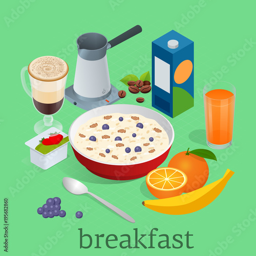 Isometric Breakfast and kitchen equipment icons set. Breakfast served with coffee, orange juice, oatmeal with berries and honey. and fruits. Balanced diet. Healthy breakfast. Vector illustration