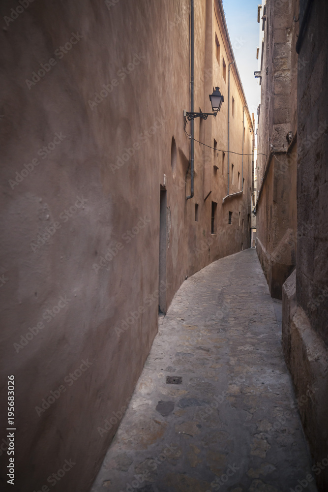 Narrow and ancient street view, historic center of Palma, Balearic Islands.Spain.