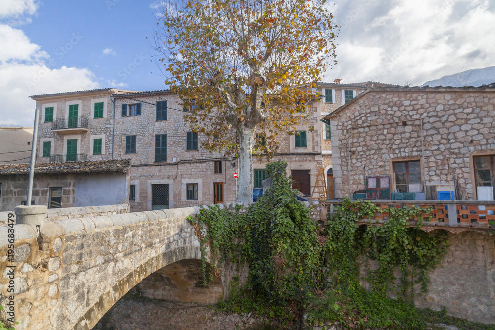  Village view, traditional houses and old bridge, Soller, Balearic Islands.Spain.