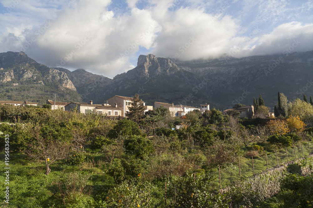 Village view, mountain, serra de Tramontana at background in Soller, Balearic Islands.Spain.