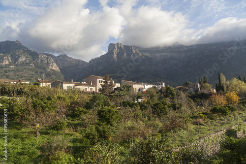 Village view  mountain  serra de Tramontana at background in Soller  Balearic Islands.Spain.