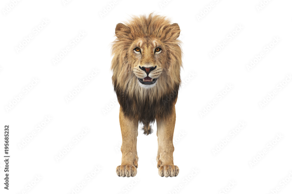 Obraz premium Bestia lew z pomarańczowymi oczami, widok z przodu. Renderowanie 3D