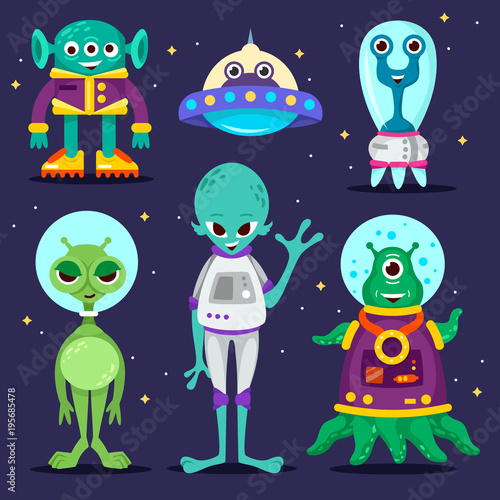 set of cartoon characters. aliens. UFO. vector illustration
