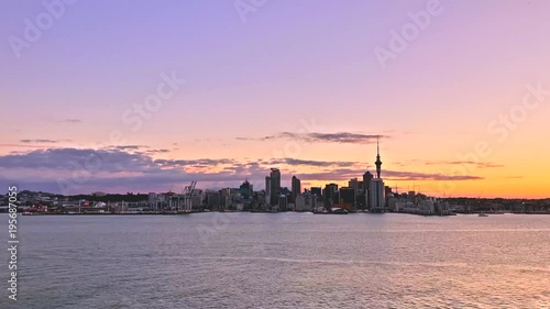 Timelapse scene of the building in Auckland, New Zealand while sunset. Cyril Bassett VC Lookout.