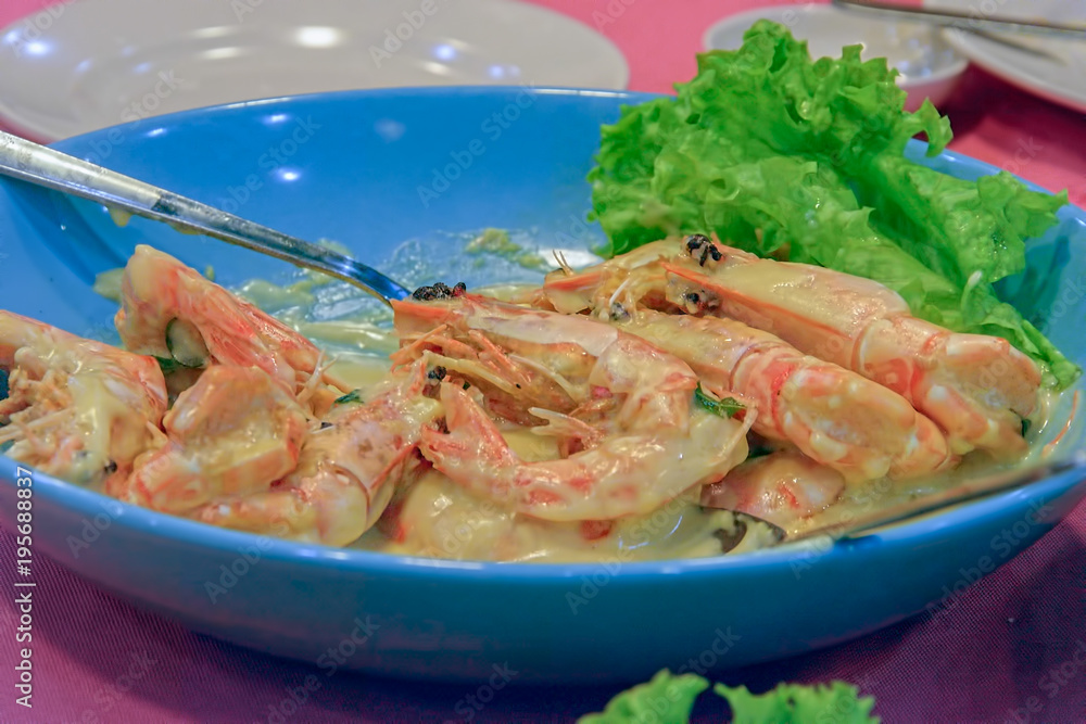 Seafood with salad in bowl. Seafood with salad in bowl.