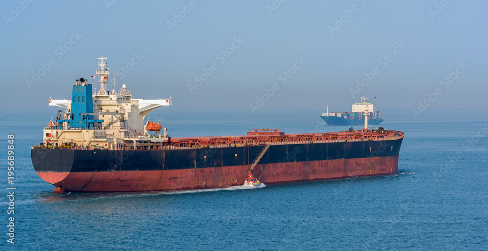 Fototapeta premium Pilot boat and bulk carrier cargo ship