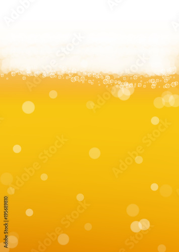 Beer background with realistic bubbles. Cool liquid drink for pub and bar menu design, banners and flyers. Yellow vertical beer background with white frothy foam. Cold glass of ale for brewery design.