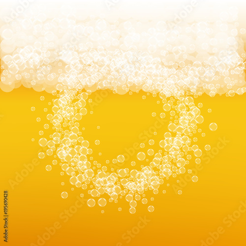 Beer background with realistic bubbles. Cool liquid drink for pub and bar menu design, banners and flyers. Yellow square beer background with white frothy foam. Cold glass of ale for brewery design.
