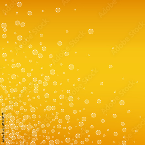 Beer background with realistic bubbles. Cool liquid drink for pub and bar menu design, banners and flyers. Yellow square beer background with white frothy foam. Fresh cup of lager for brewery design.