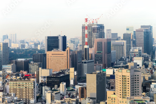 Aerial skyscraper view of office building and downtown and cityscapes of Tokyo city with blue sly and clouds background. Japan, Asia © lukyeee_nuttawut